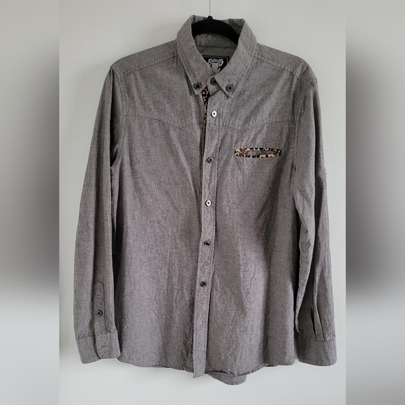 NWOT Entree LS Mens button down shirt gray & leopard print- 100% cotton - Medium - Picture 2 of 9